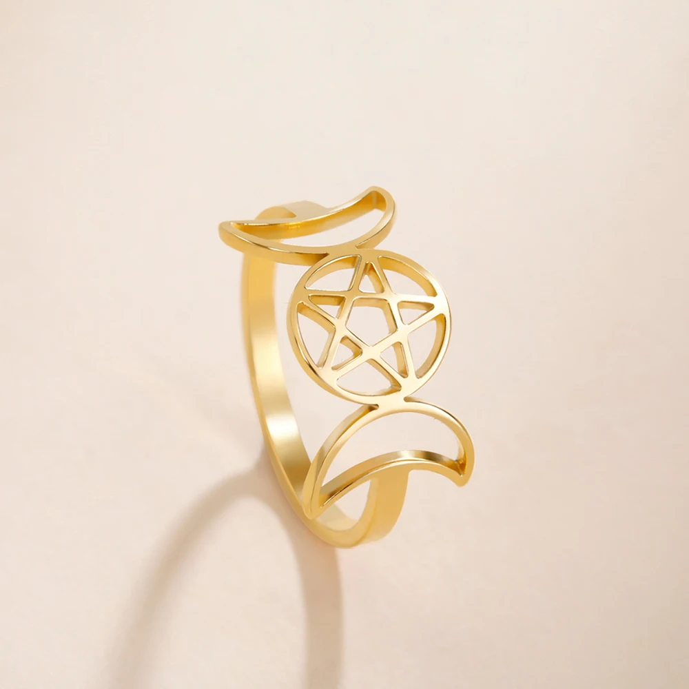 Jewelry Rings COOLTIME Pentagram Triple Moon Goddess Symbol Stainless Steel Crescent Star Vintage Wicca Women Men Gift