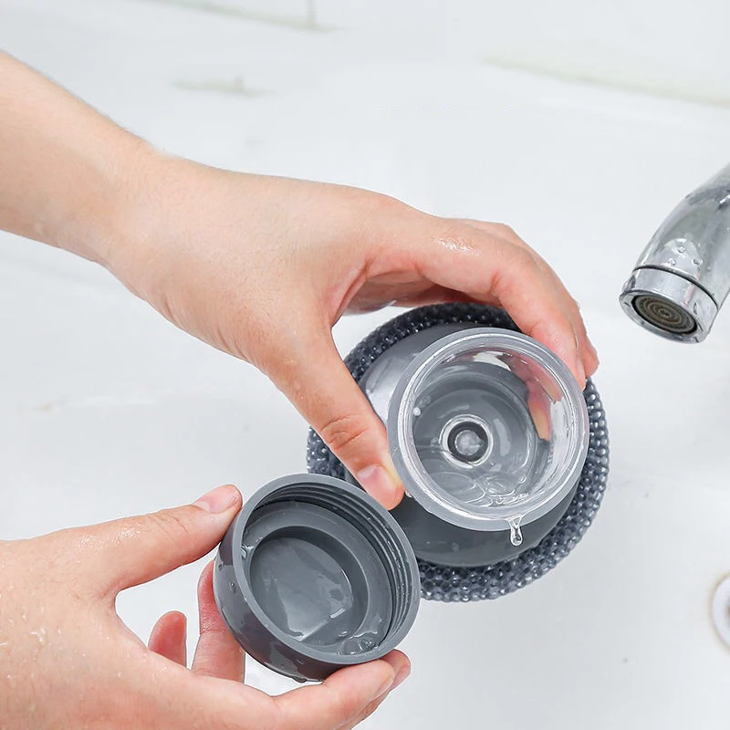 Soap Dispensing Palm Brush for Pot Pan Sink Cleaning Tableware Kitchen Scrubber with PET Replacement Balls One Set Kitchen Pot Brush Kitchen Cleaning Brush Kitchen Cleaning Tool