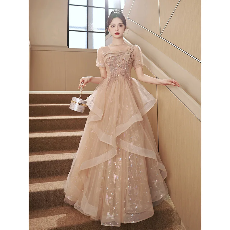 

Elegant Khaki Beading Evening Dresses Women Butterfly Sequins Square Neck Long Tulle Party Prom Gown
