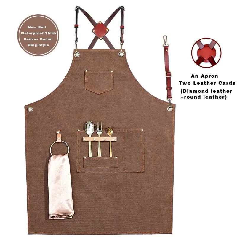 Custom Logo Canvas Kitchen Hairdresser Catering Baking Thickened Work Uniform Multiple Pockets Hanging Ring Leather Straps Apron