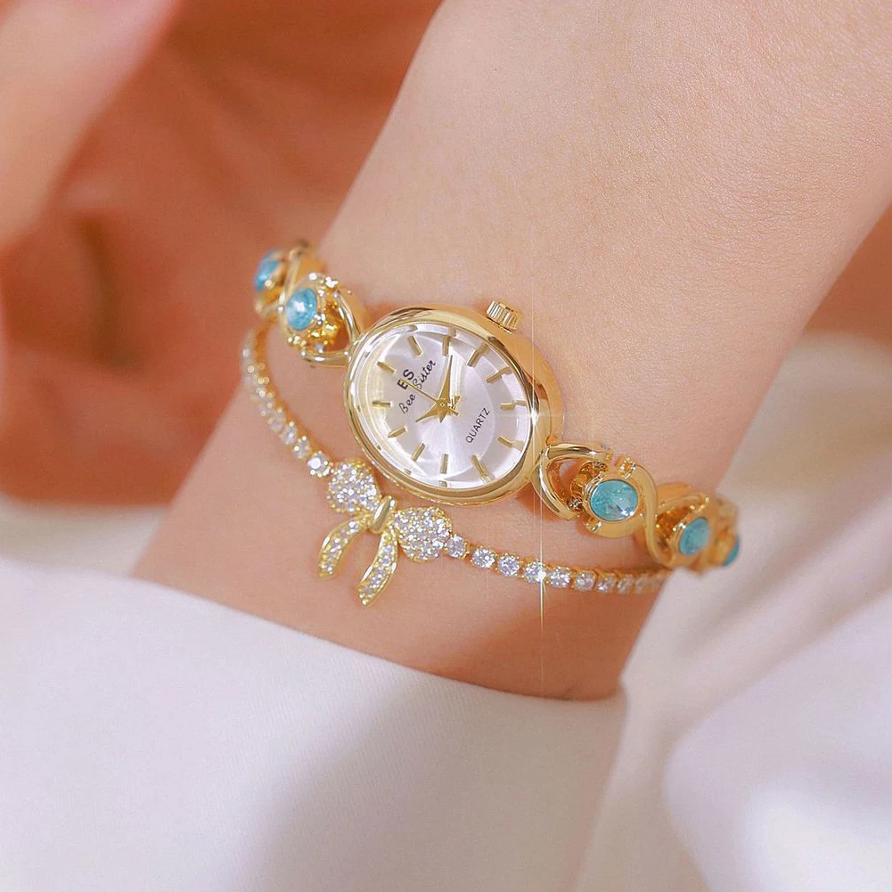 Blaue ovale Armbanduhr mit Kristallquarz-Design für Damen, Vintage-Stil, Gold, Silber, Jade – das perfekte Geschenk für Frauen_voghion.com