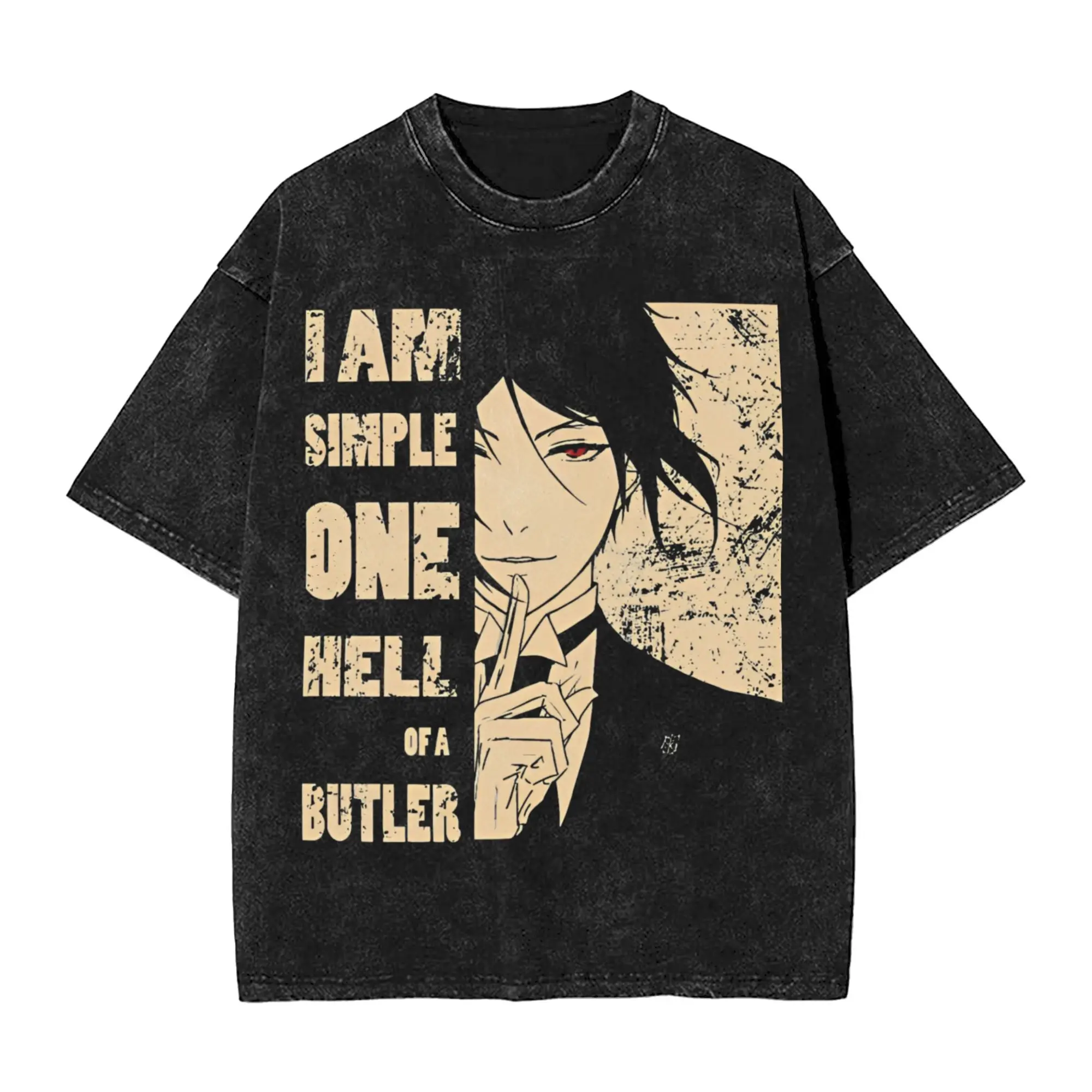 Vintage Washed Anime Black Butler Graphic Cotton T-Shirt - Unisex Summer Soft Short Sleeve Tee