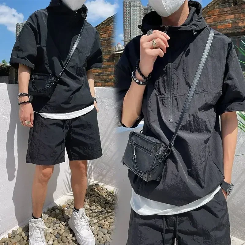 Sweater Set Summer Cargo Style Men's Casual Hooded Solid Short Sleeve T-shirt Shorts Loose Fashion