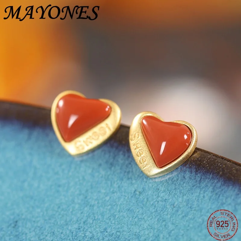 

925 посеребренные золотые милые Универсальные женские маленькие серьги и серьги из южно-красного агата в китайском стиле Бесплатная доставка