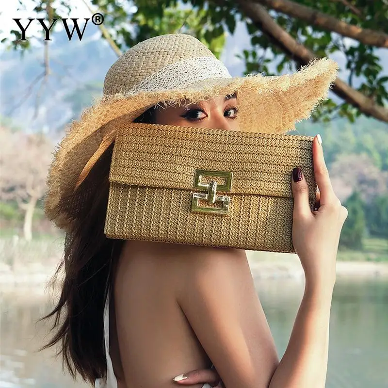 Straw Envelope Evening Party Handbag Fashion Women Weave Pattern Gold Clutch Messenger Purses Lady Daily Commuting Wallet Bags - Image 6