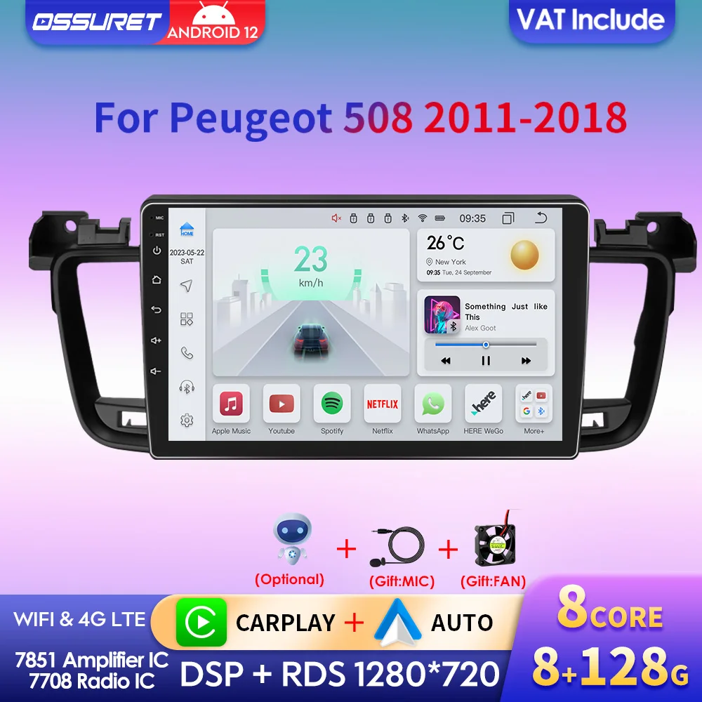 9 "Radio 2Din Android 12 Per Peugeot 508 2011 - 2018 Lettore Multimediale Per Auto Carplay Gps Rds Navigazione Bluetooth Dsp 4G Bt Stereo