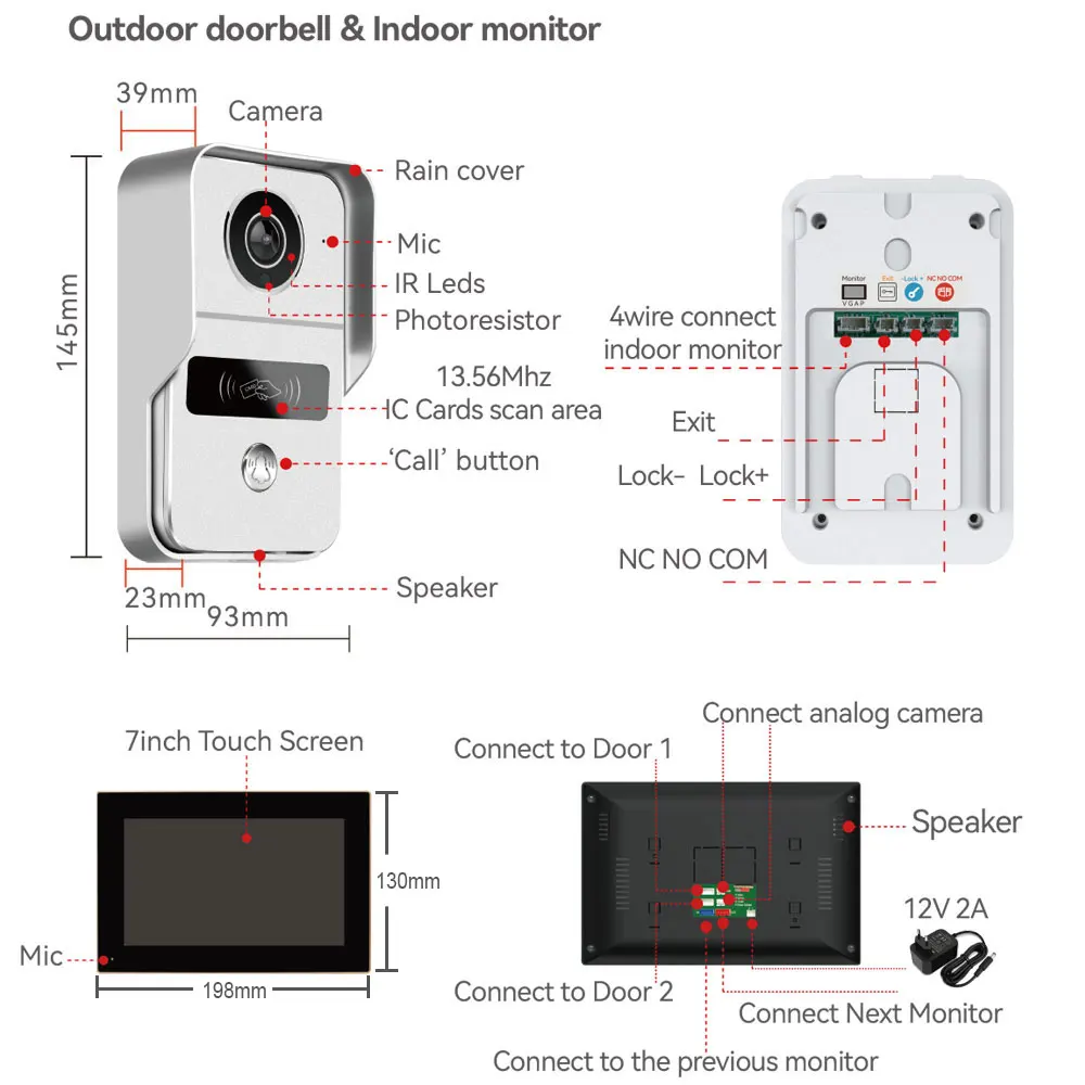 스마트 7 인치 모니터 WiFi Tuya 비디오 초인종 야외 도어 벨 방수 IP65 인터콤 유도 카드 잠금 해제 도어 폰 카메라