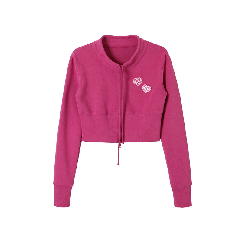 American Street Heart Embroidery Slimming Navel Zipper SweaterSlim fit women clothing