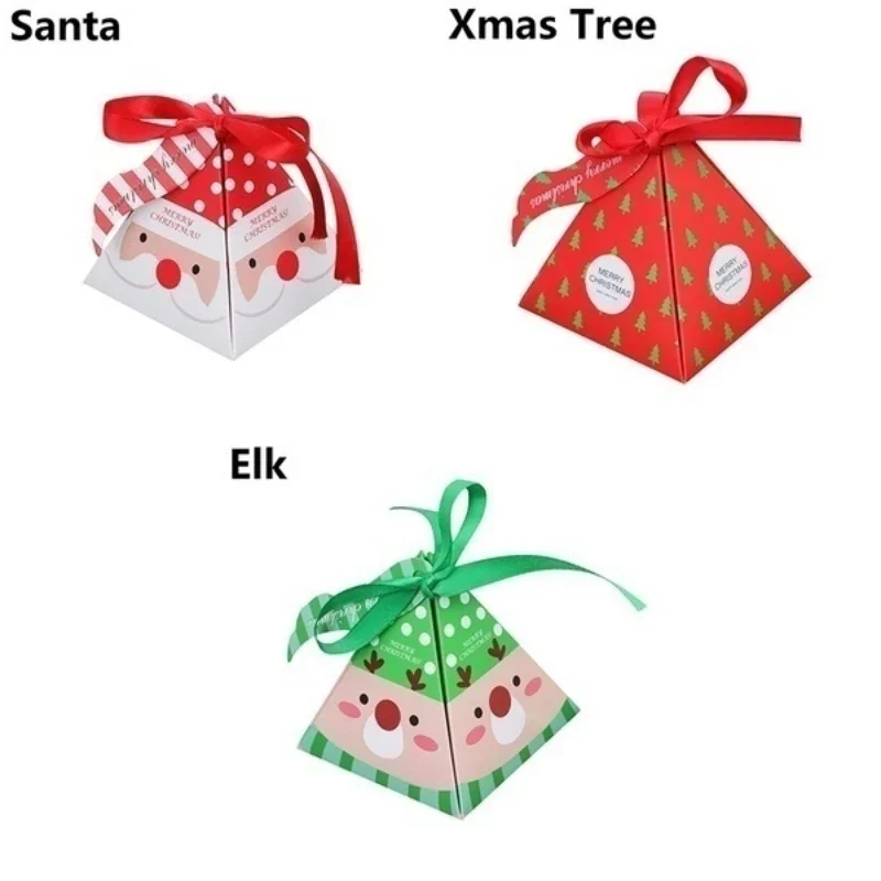 10Pcs Christmas Candy Packaging Box Santa Claus Reindeer Triangle Gift Box Merry Christmas Labeled Kraft Paper Box Party Supplie