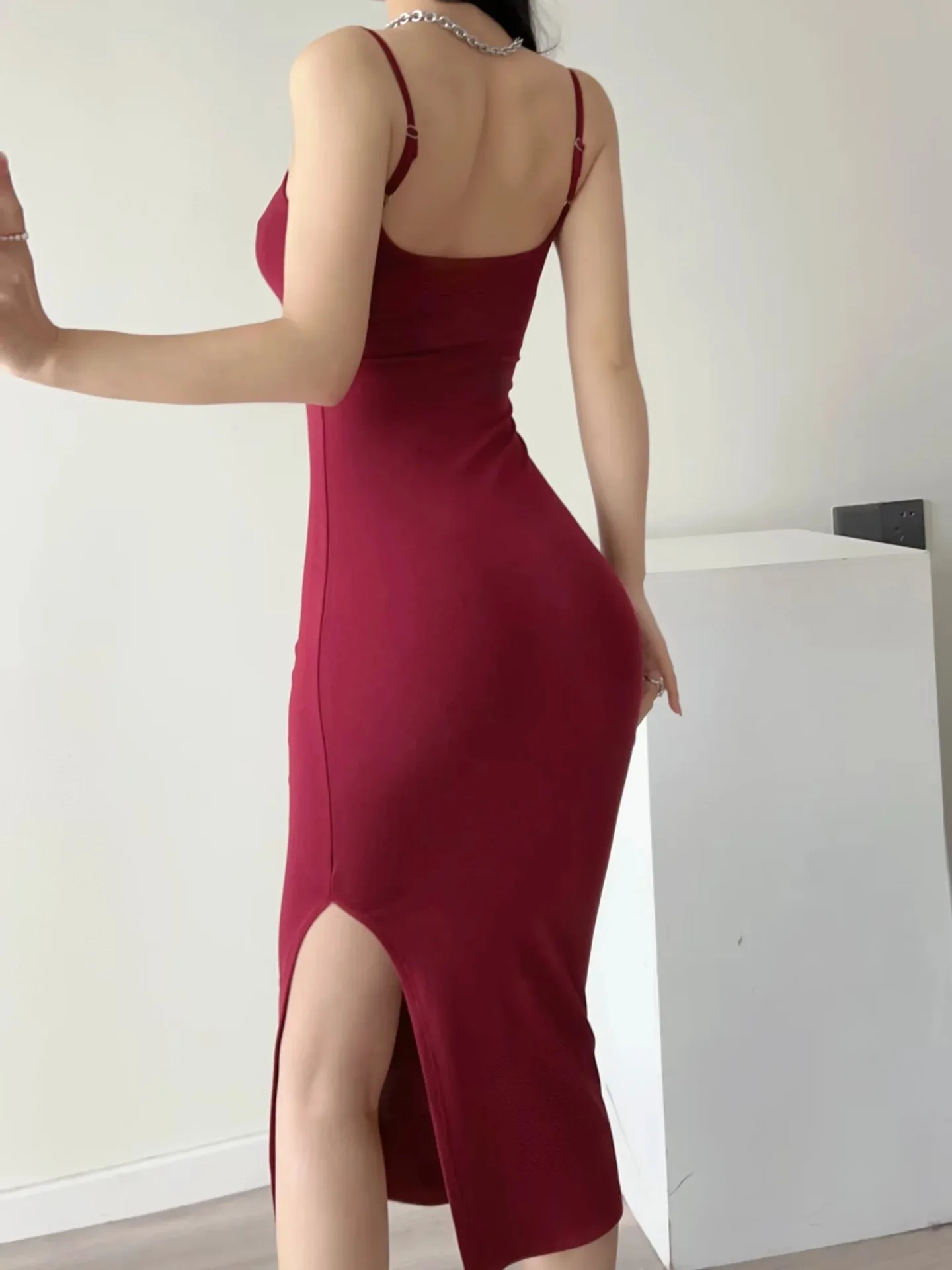 Women Casual Solid Cami Strap Cotton Bodycon Side Slit Sleeveless Midi Dress