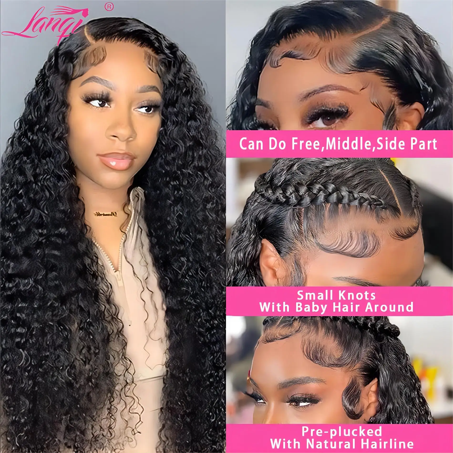 250% 13X4 perruques cheveux humains Perruque Lace Frontal Wig naturelle bouclée sans colle, cheveux naturels, Deep Wave, 13x4, prête à porter, densité 250, transparente