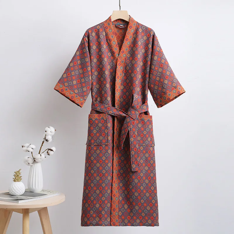 Men's Bathrobe Cotton Muslim Fashion Long Three Quarter Sleeve Pocket Sleepwear with Sash Pajamas Robe Large Size