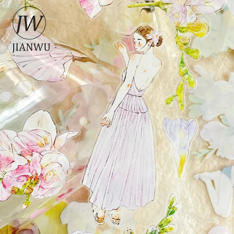 JIANWU 귀여운 소녀 꽃 캐릭터 풍경 소재 콜라주 스크랩북 PET 테이프 크리 에이 티브 DIY 저널 문구