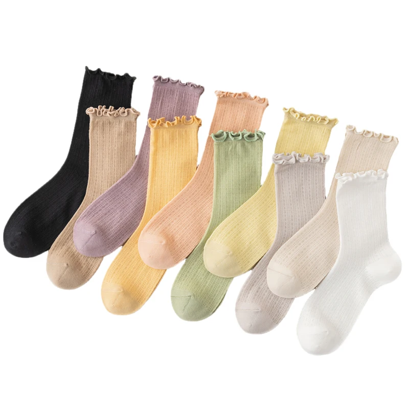 

New Women Socks High Quality Summer Fashion Casual Long Socks Solid Color Korean Style Waveselvedge Mesh Breathable Cotton