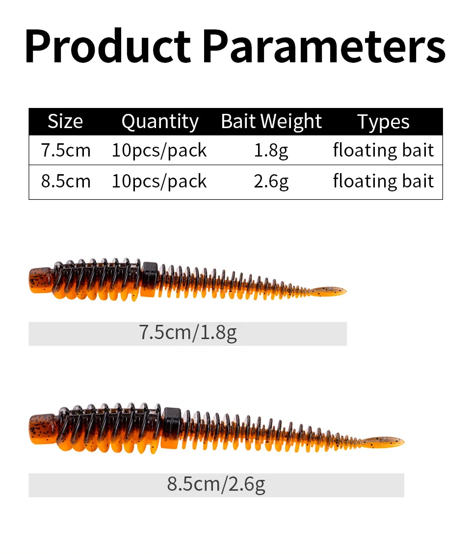 LINNHUE 10pcs/Pack Floating Fishing Needletail Baits 75mm 85mm Worm Soft Lures Reverse Thread Silicone Baits Wobblers Carp