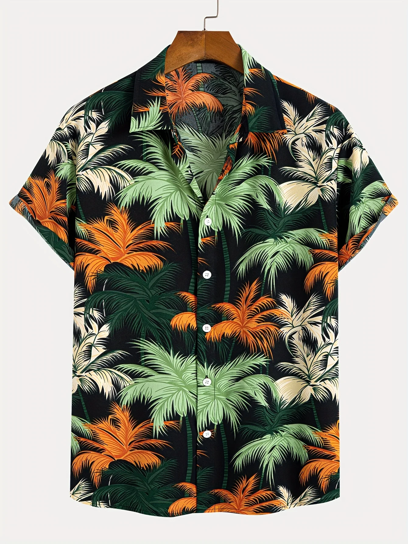 Men Short Sleeve Button Down Shirt Tropical Coconut Tree Pattern Hawaiian Style