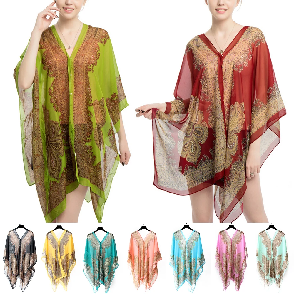 

Woman Chiffon Blouse Fashion Women Scarf Shawl Printed Sunscreen Sun Protection Shawl Beach Shawl Soft Loose Bikini Cover Tops