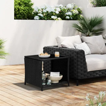 WOLTU Tavolino da giardino in polyrattan da esterno con piano in vetro Tavolino da caffè resistente alle intemperie con contenitore aperto per balcone patio 1