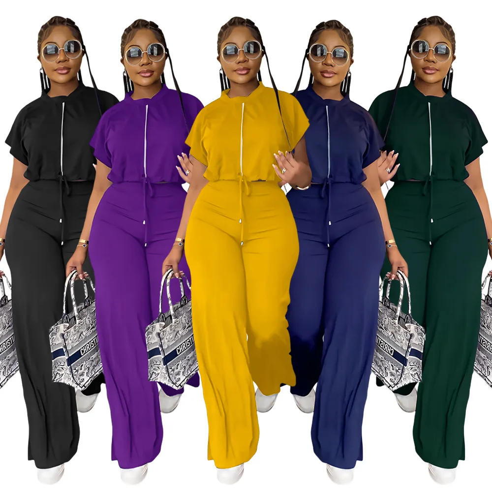 Summer Fashion Sports Style Two Piece Set for Women Casual Drawstring Top Split Wide Leg Pants Two Piece Set Women