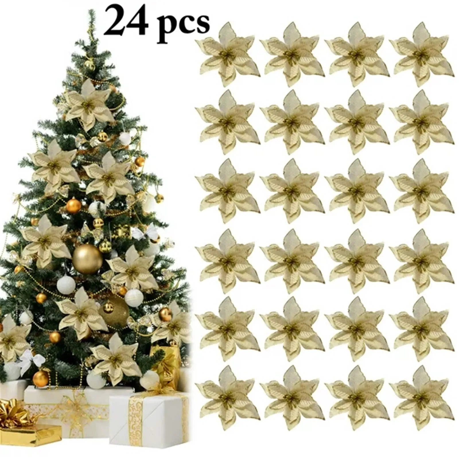 

24Pcs Glitter Artificial Christmas Flowers Wedding Christmas Tree Wreaths Ornament Indoor Christmas Decorations For Christmas