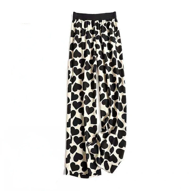 여성용 얇은 봄 느슨한 허리 드로우 스트링 인쇄 캐주얼 바지, 하이 웨이스트 스트리트웨어, 와이드 레그 스트레이트 바지 2023