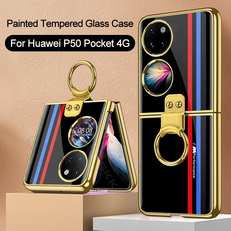 

GKK Electroplating Tempered Glass Funda For Huawei P50 Pocket 4G Case Painted Glass Ring Stand Case For Huawei P50 Pocket Cover