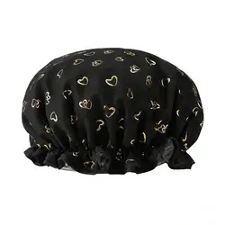 Deluxe Double - Layer Waterproof Shower Cap with Hair Scrunchies (Black)