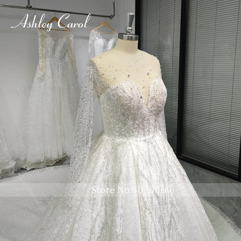 Ashley Carol Luxury Wedding Dresses For Women 2023 Bride Long Sleeve Princess Sparkling Beaded Bridal Dress Vestidos De Novia