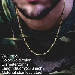 Men's Stainless Steel Long Chain Necklace - Silver Choker with Lobster Clasp (Cuban Chain Golden)