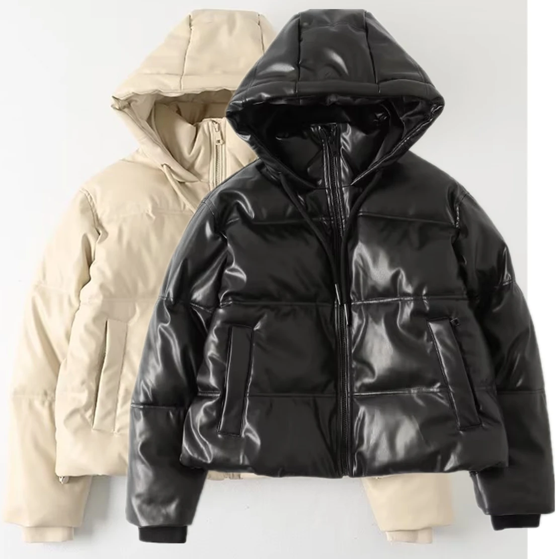 

Jenny&Dave Winter Fashion High Quality Pu Leather Parka Coat Hooded Jacket Women
