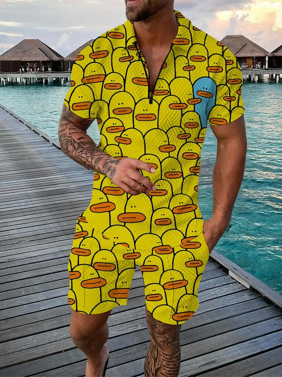 Men's Summer Tracksuit Funny Cartoon Ducks Polo Shirt+Shorts Set Casual Turn Down Collar Zipper Clothing Outfit Stylish Suit