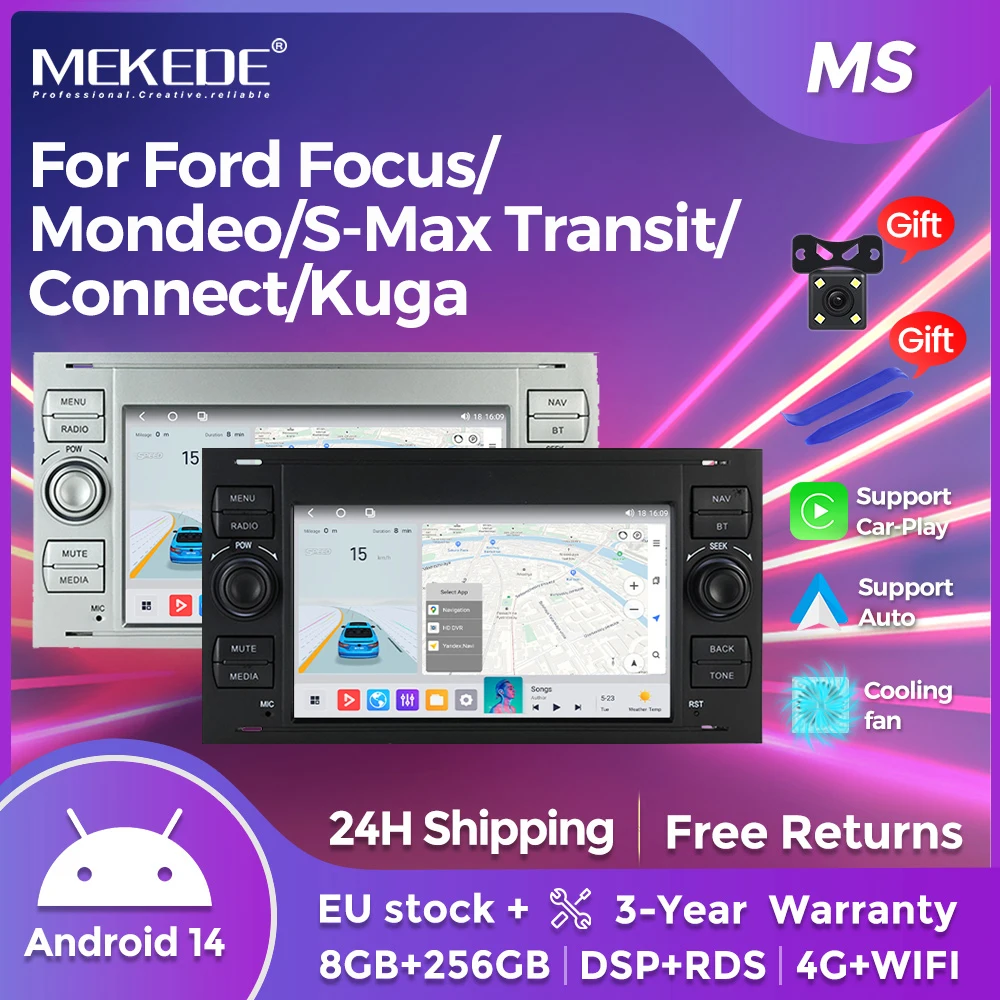 MEKEDE Autoradio mit CarPlay und Android Auto für Ford Focus, Fiesta, C-Max, Fusion, Kuga, Mondeo, Galaxy 2, Baujahr 2004–2007, DSP-Multimedia-Player.