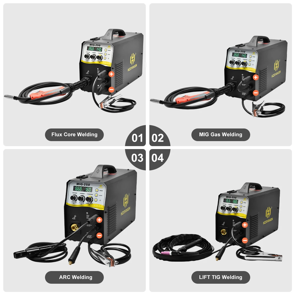 HZXVOGEN 220V Semi-automatic Welding Machine 4 IN 1 MIG Gas Gasless No Gas ARC TIG 2T 4T IGBT INVERTER TIG MMA Stick MIG Welder