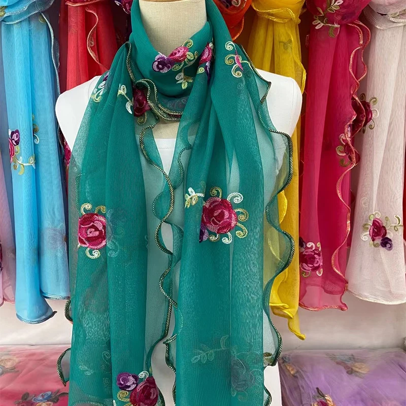 Spitzenschal für Damen, leicht, Hijab, elegant, 2024, bedruckt, Seide, Blumenmuster, Schal, Wickel, Stirnband, Griff, Haarschmuck, Bandana – Detail 1