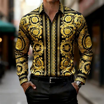Chemise pour hommes de luxe Style Baroque motif or chemise à manches longues mode palais HD impression 1