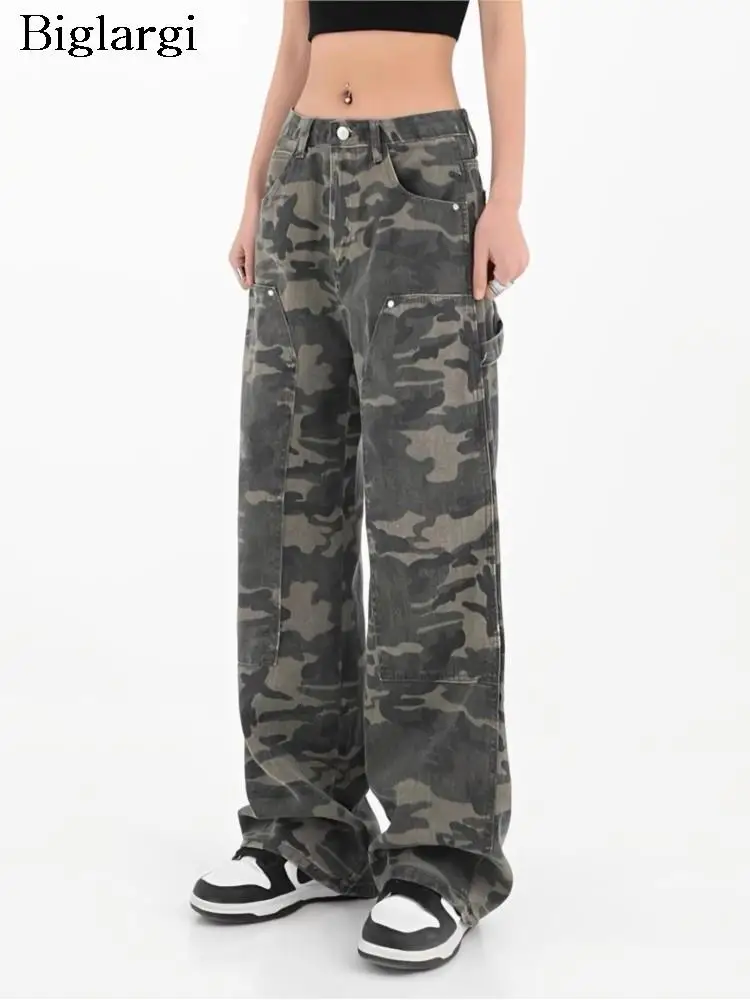 

Брюки женские камуфляжные с завышенной талией, свободные джинсы, модные длинные брюки-карго, повседневные камуфляжные штаны на осень
