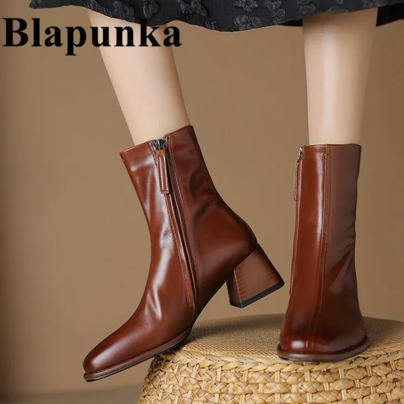 

Blapunka Women Real Genuine Leather Boots High Quality Block Heels Brown Ankle Motorcycle Boots Handmade Zipper Lady Black Shoes