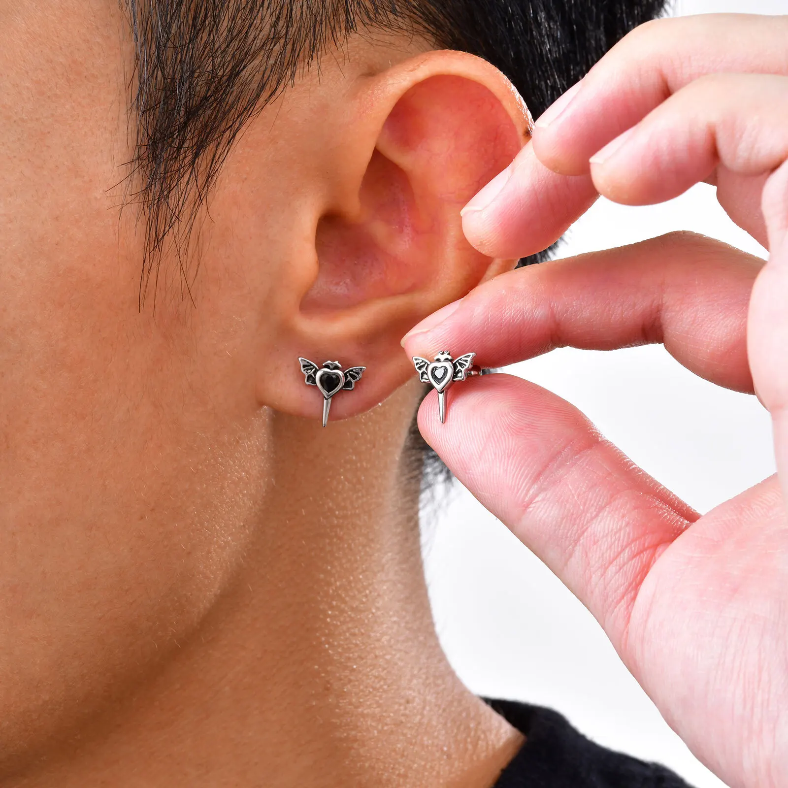 Gothic Wing Stainless Steel Stud Earrings for Men,Anti Allergy Black Heart Crystal Zircon Earring,PUNK Halloween Jewelry Gift