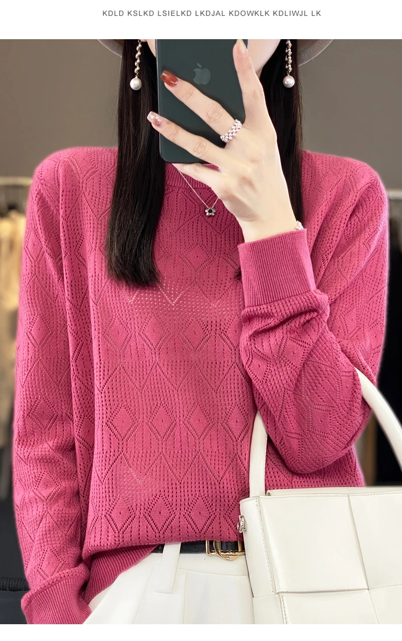 New Women Wool Blend Sweater Spring O-neck Geometric Hollow Pullover Fashion Soft Sweater Loose Casual Knit Base Tops