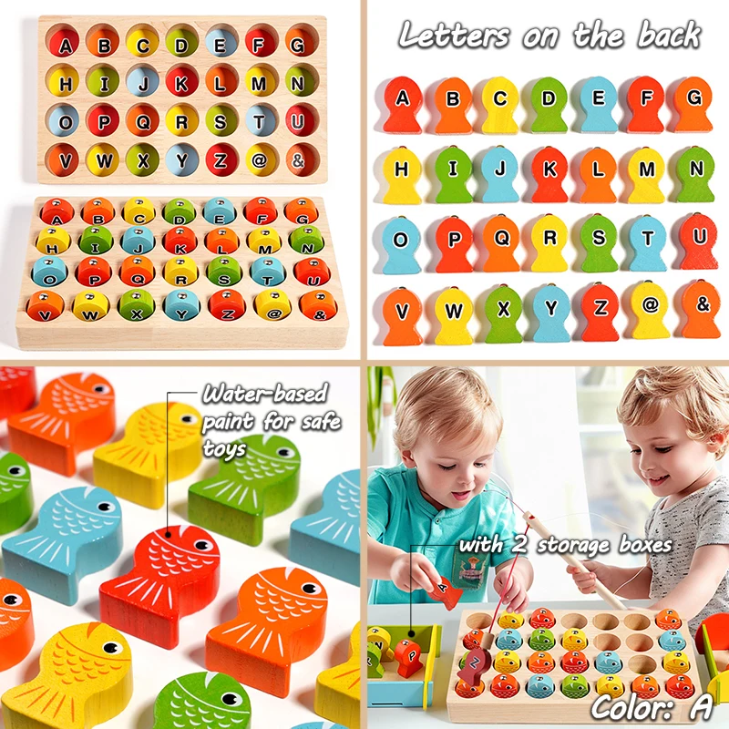 Kids Wooden Montessori Magnetic Fishing Toys Learning Alphanumeric Colors Matching Sorting Interactive Game Early Education Toys