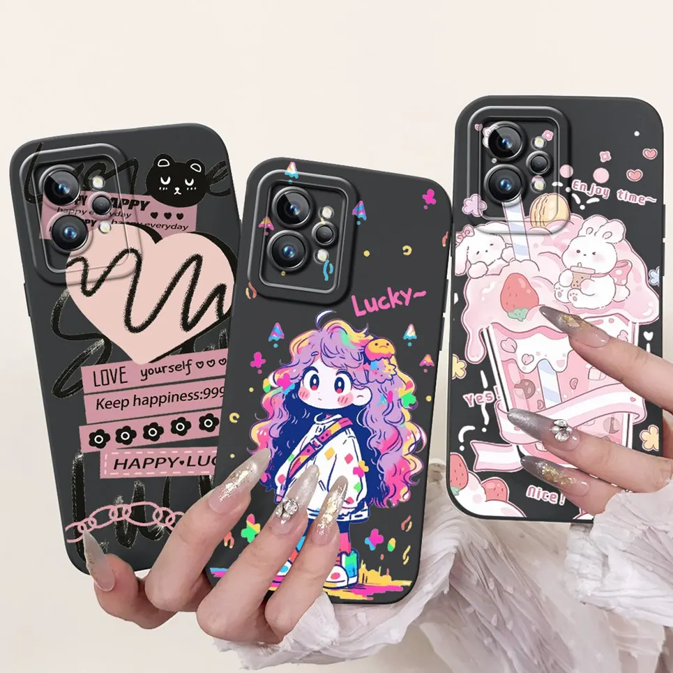 Cartoon Case For Realme GT2 Pro RMX3301 /  Realme GT Neo2 GT 2 Bumper Soft Liquid Silicone Back Cover Flower Luxury Phone Shell 5