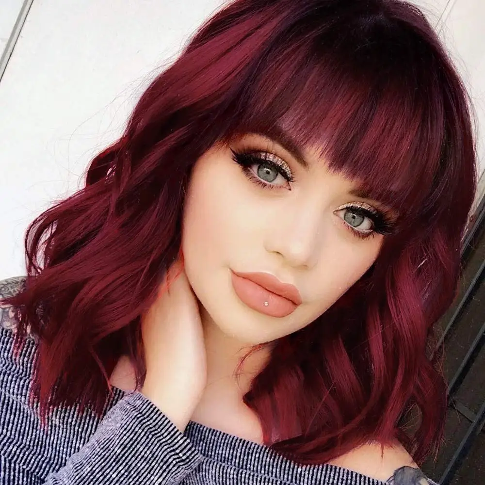 

Short Wine Red Wig with Bangs Burgundy Wavy Bob Shoulder Length Maroon Wigs for Cosplay Wig Short Curly Bob Hair Wigs for Women