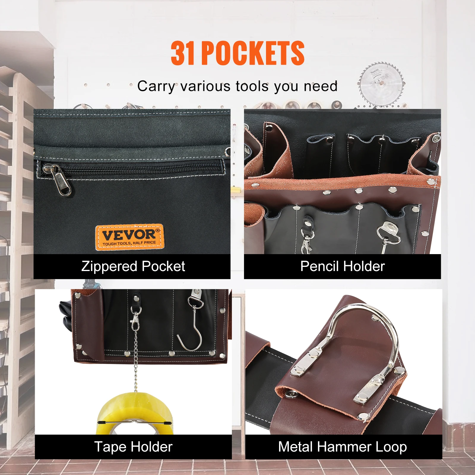 VEVOR 31 Pockets Tool Belt Pounch Adjusts 32 In to 54 In Leather Detachable Tool Storge Bag for Electrician Carpenter Handyman 5
