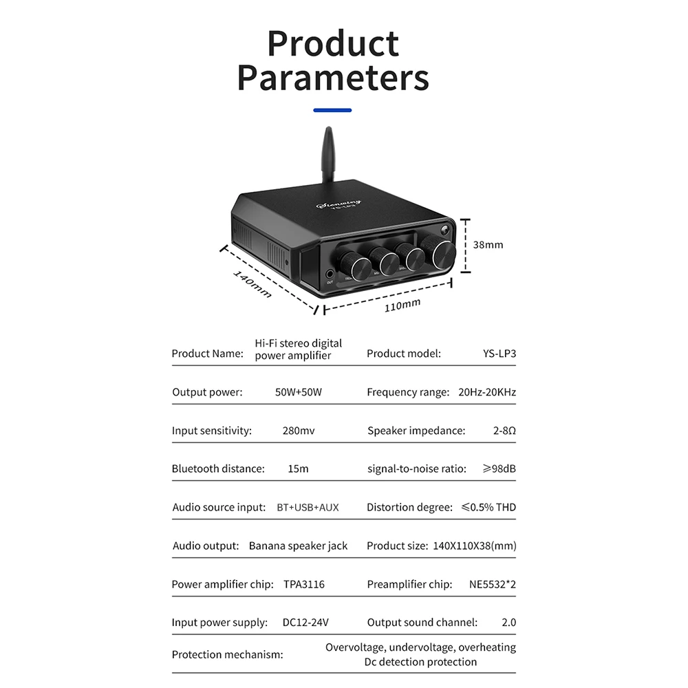 YS-LP3 TPA3116 클래스 D 증폭기 Bluetooth 5.4 2.0 채널 50Wx2 HiFi 스테레오 오디오 증폭기 디지털 증폭기 볼륨 조절 가능