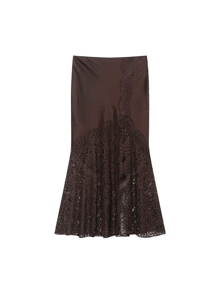 2026 New Women's Lace Splice Skirt Fashion Slit Commuting Chic Lace Spliced Long Skirt High Waist Elegant Female Solid New