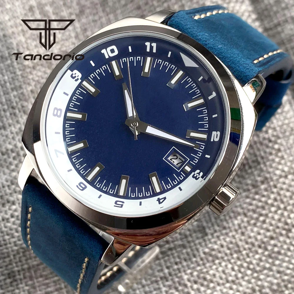 

42 мм квадратные черные автоматические часы из нержавеющей стали PVD для мужчин, белый/черный/синий/зеленый стерильный циферблат, дисплей даты, кожаный ремешок