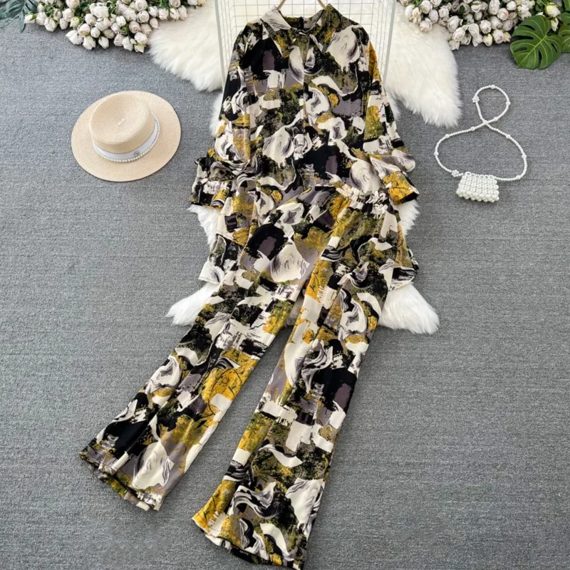 

Vintage Women Floral Casual Pantsuit Elegant Fashion Shirts Tops Straight Pants Two Pieces Set Female Chic Party Clothes Outfits