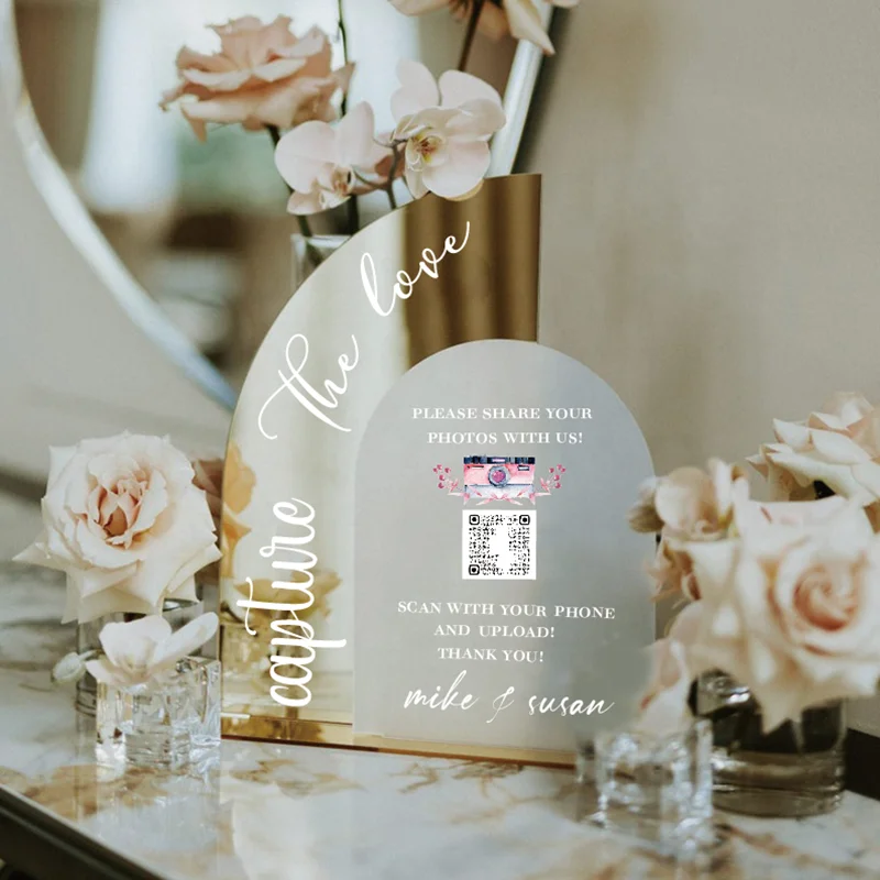 Double Arched Gold Wedding R Code Photos Sign The Love QR Sign Wedding Signage Reception Decor Reception Table