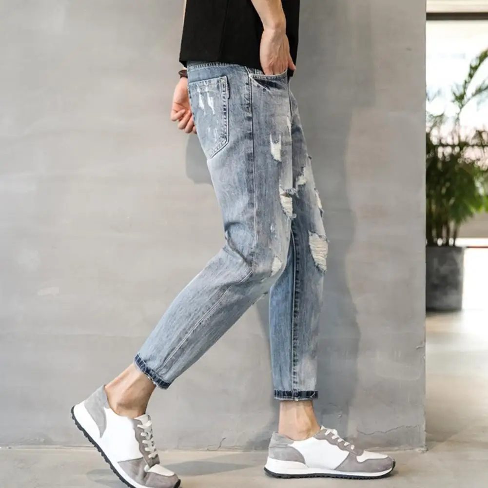 

Men Long Pants Slim Fit Jeans Stylish Men's Gradient Color Jeans with Ribbed Holes Slim Fit Multi Pockets for Long-lasting