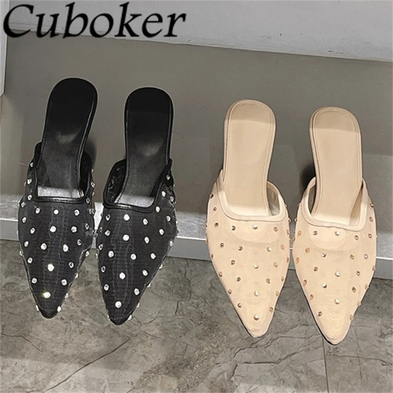 

Женские сетчатые шлепанцы, элегантные шлепанцы с острым носком, на каблуке-шпильке, со стразами, модель Лето 2024